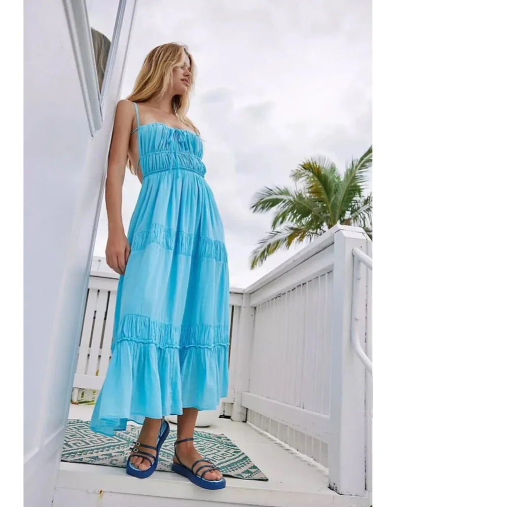 NEW FREE PEOPLE Turquoise AQUA Taking Sides TIERED Cotton OPEN BACK Maxi DRESS L - Picture 13 of 16